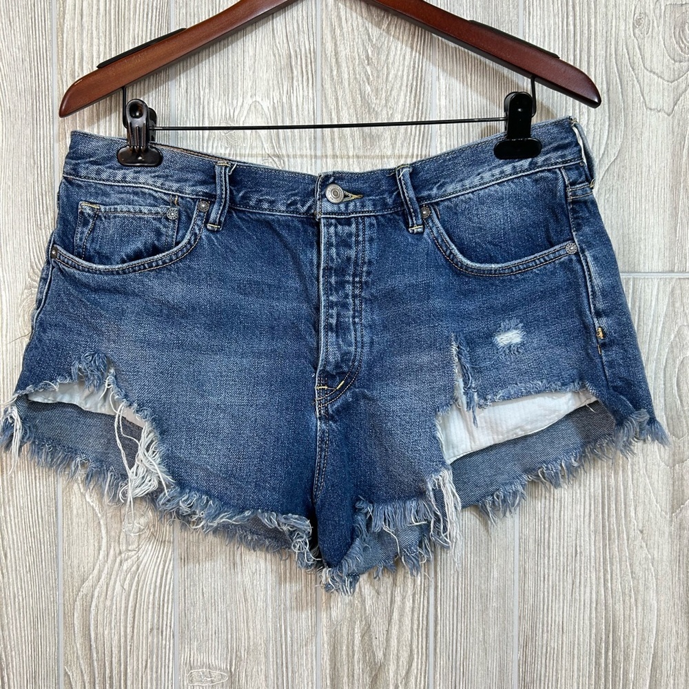 We The Free Distressed Exposed Pocket Jean Shorts with Frayed Hem Size 31